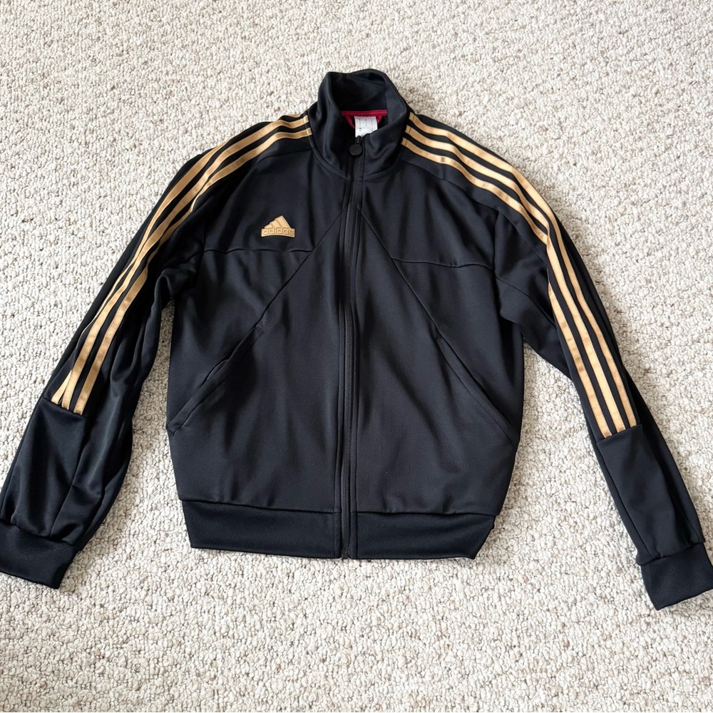 Adidas Men's Black Track Jacket with Gold Stripes